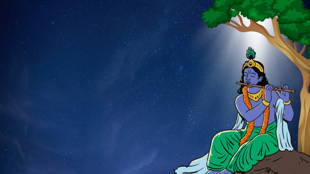 Lord Krishna with a flute, tilak, and divine ornaments, radiating divine charm.