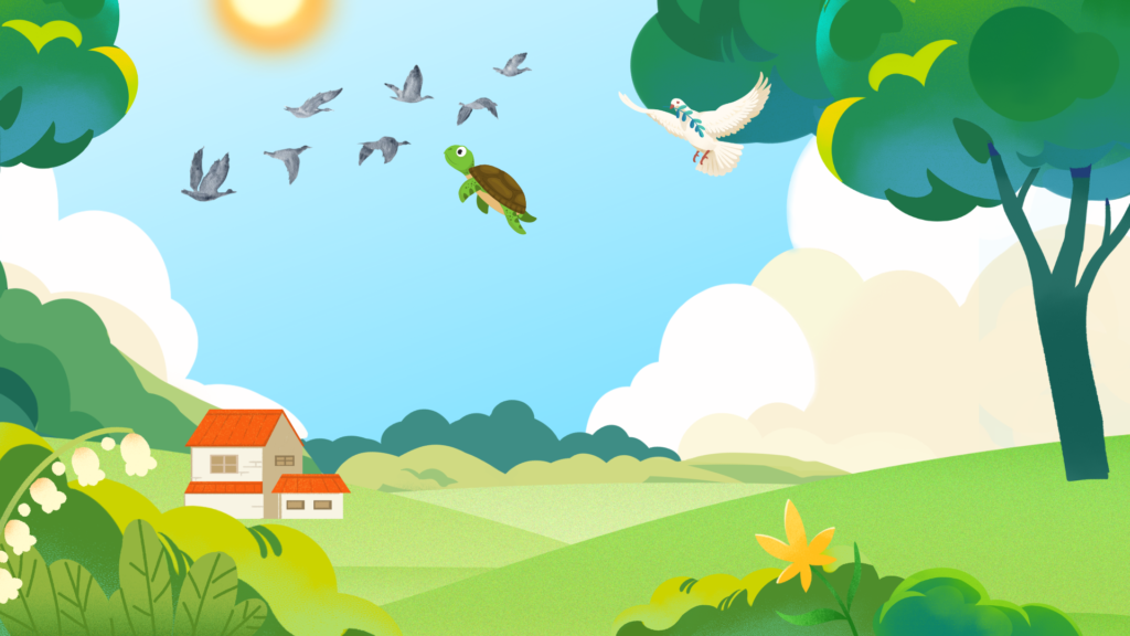 A clever tortoise tells the birds to take royal names for their journey to meet the king.