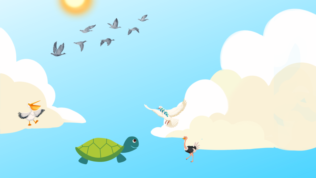 The angry birds strip away Tortoise’s borrowed feathers, leaving him grounded and unable to fly.