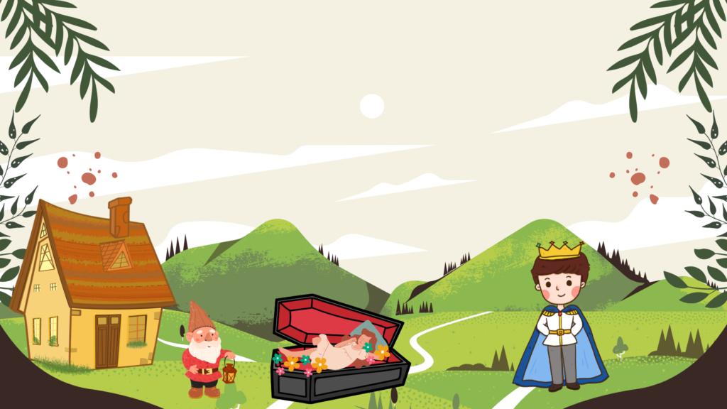 Snow White lies in a glass coffin surrounded by flowers as the dwarfs keep watch, until a prince discovers her.