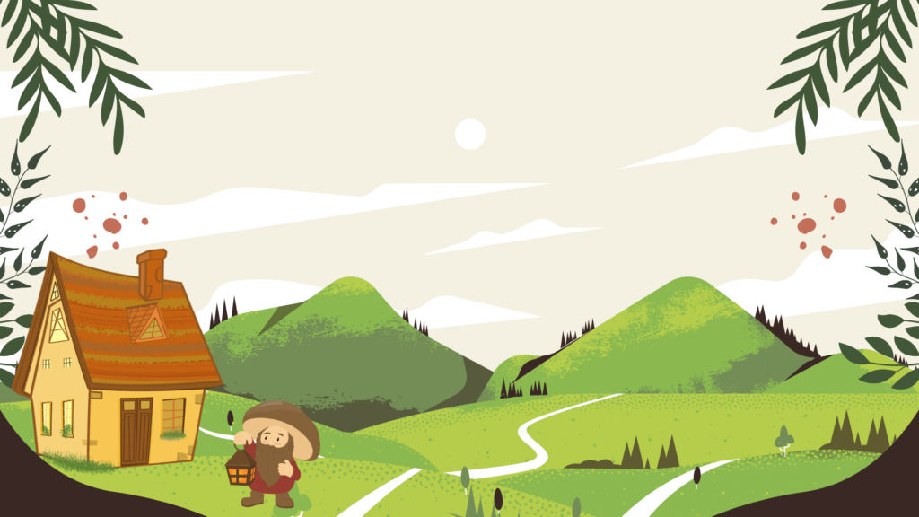 Snow White, lost and tired, falls asleep across seven small beds in a dwarfs’ cottage, and the kind dwarfs offer her shelter.