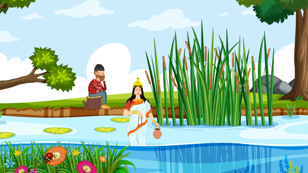 A glowing goddess emerging from shimmering water before a grieving man.