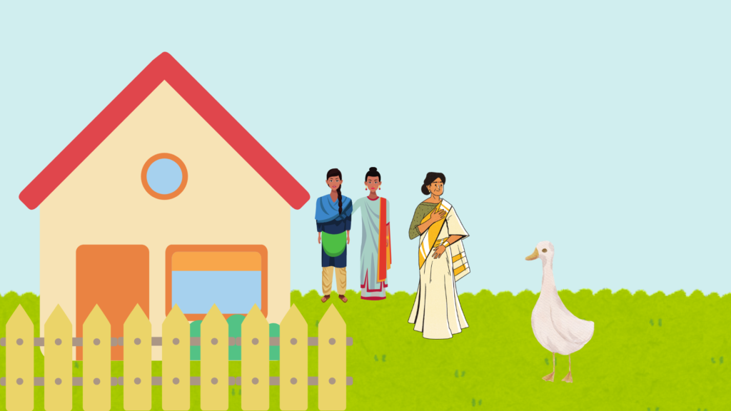 The golden goose visits the woman’s home and gifts her a golden feather.