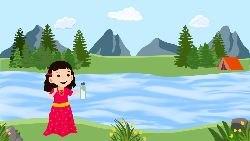 A princess carrying a pail of water while children play and fall down laughing.