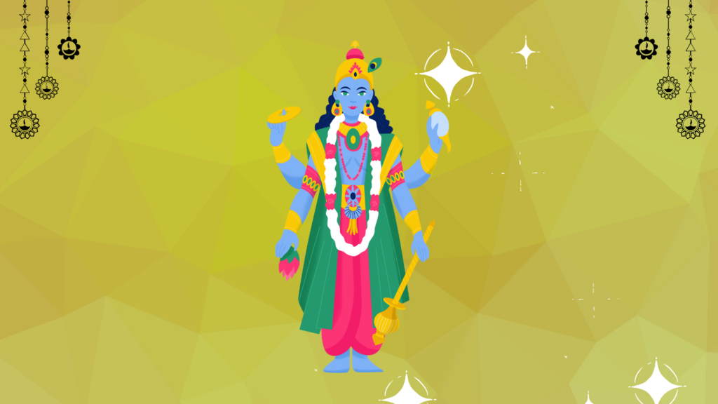 Lord Vishnu resting on a cosmic serpent with a lotus emerging from his navel.