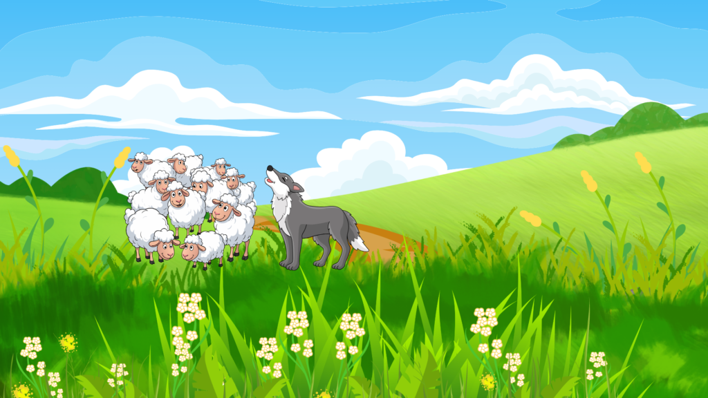 A real hungry wolf creeps from the trees toward the unsuspecting flock.