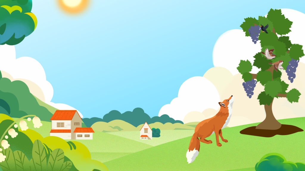 Fox repeatedly jumps but fails to reach the hanging grapes, landing tired and empty-pawed.