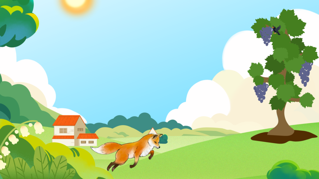 Hungry fox spots ripe grapes hanging from a vine on a sunny farmhouse roof.