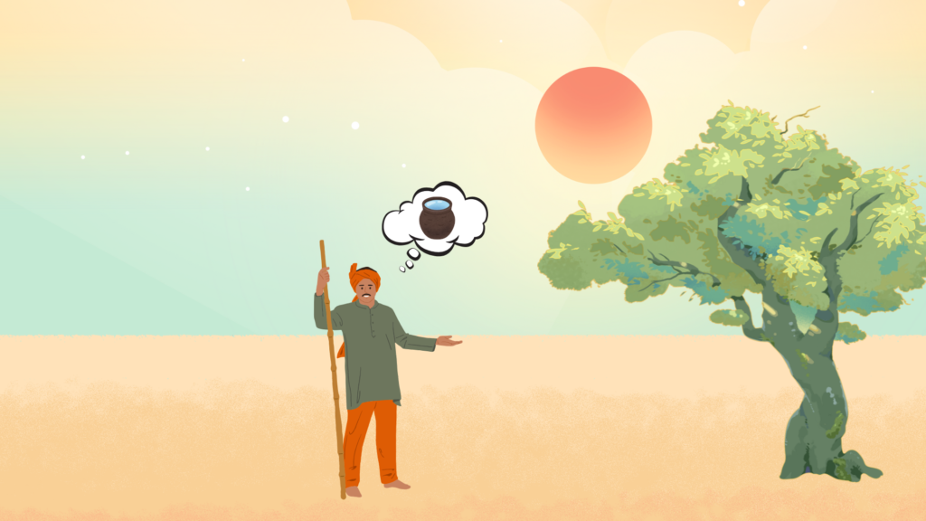 A majestic tree with shining green leaves appears, offering cool shade to a surprised traveler.