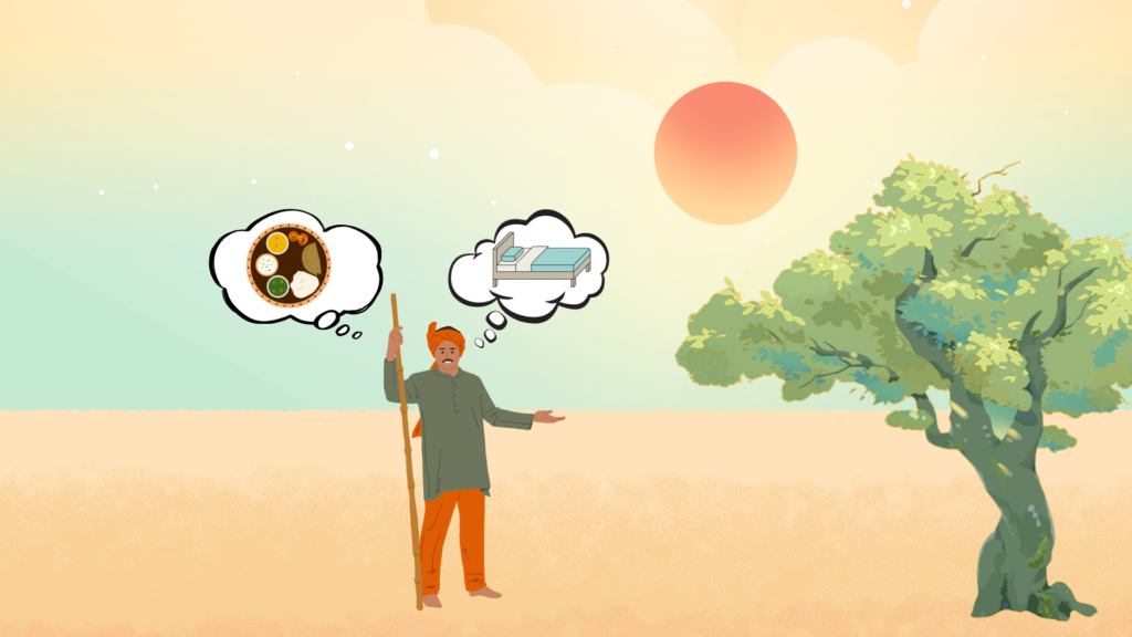 A traveler rests under the magical tree, instantly receiving delicious food and a soft bed as his wishes come true.