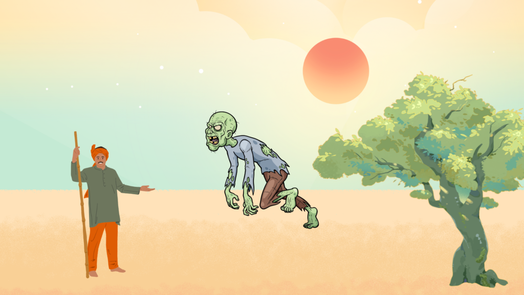 A terrifying demon suddenly appears before the traveler, roaring loudly and leaping to attack him.