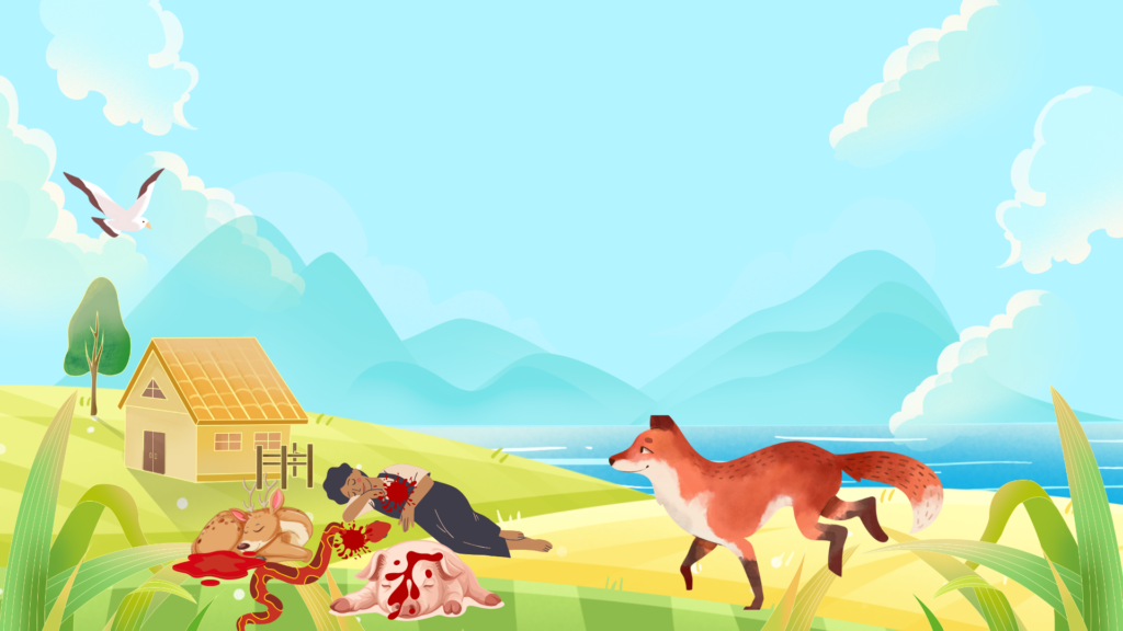 A greedy animal decides to eat little by little so the food will last for many days, dreaming of a life of comfort.