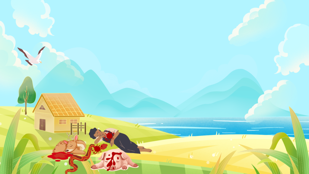 A helpless animal gets crushed under the feet of a hunter and a wild boar while they fight.