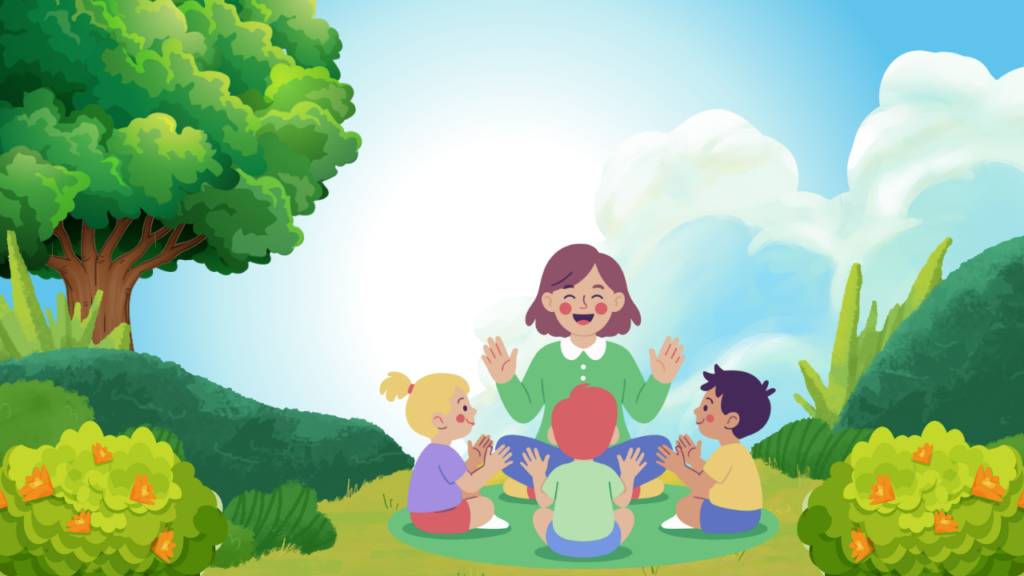 Children open and close their hands, ending with a gentle clap.