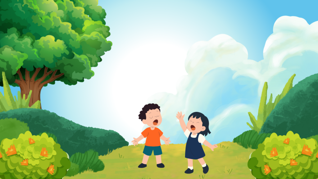 Children creep their fingers up to their chin playfully.