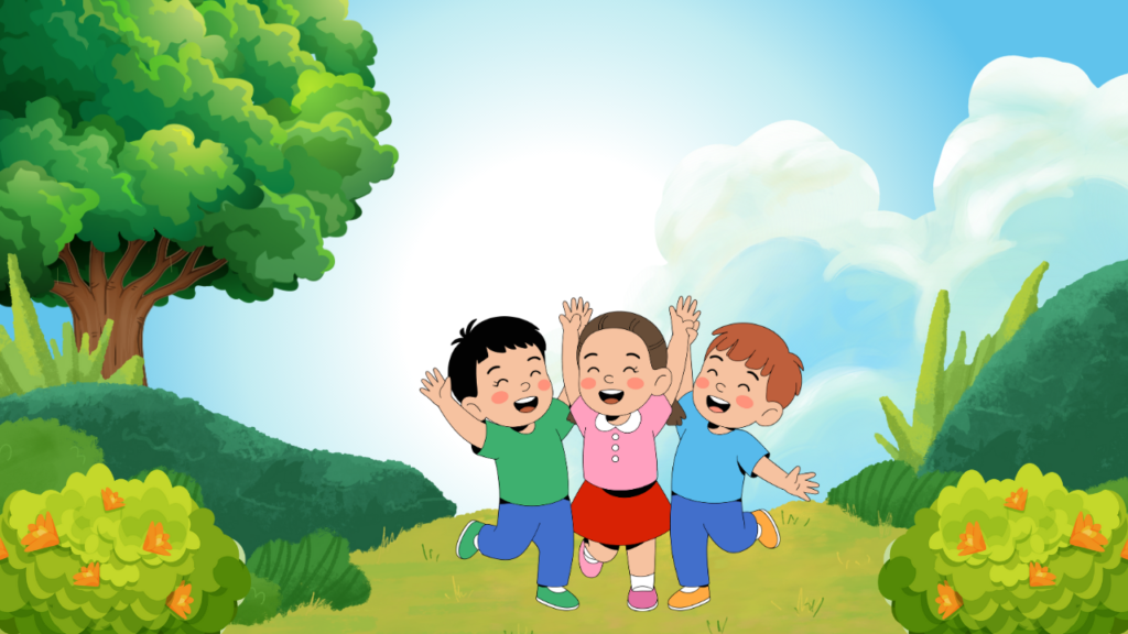 Children move fingers down to toes and tap their nose playfully.