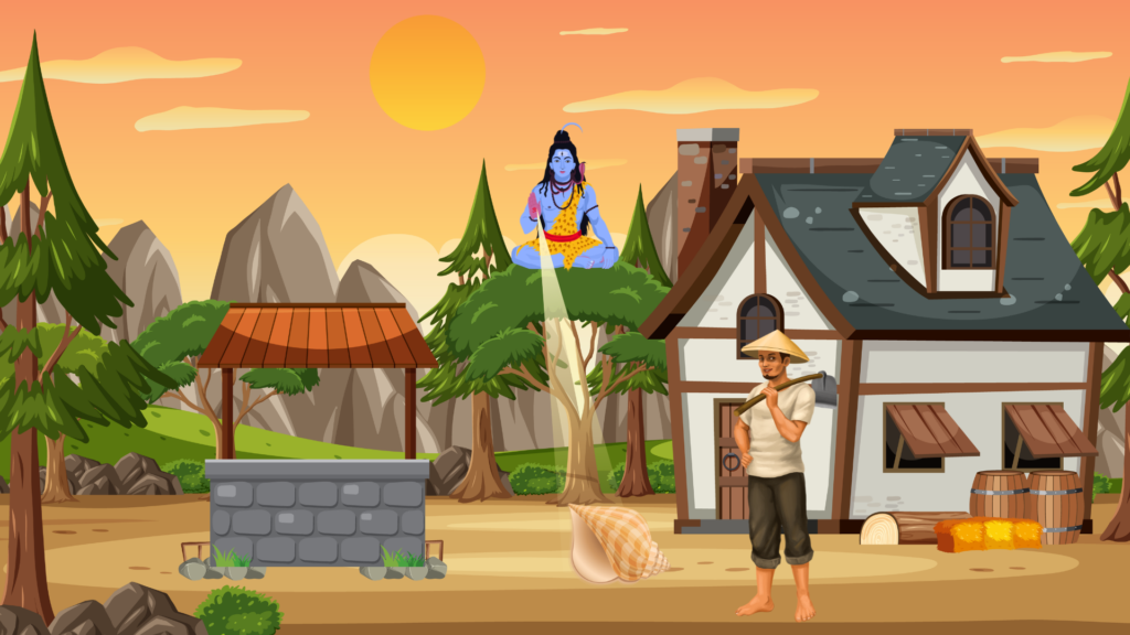 Lord Shiva blesses a poor but kind man with a divine conch after his sincere prayers and devotion.