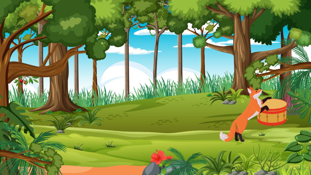 A frightened fox gains courage, strikes the big drum with its paw, and hears a loud booming sound.