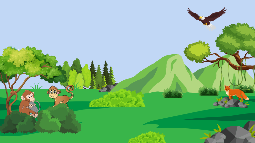 Chinki the monkey worries about feeding her baby as Bholu the elephant eats all the bananas and shakes the tree to scare her.