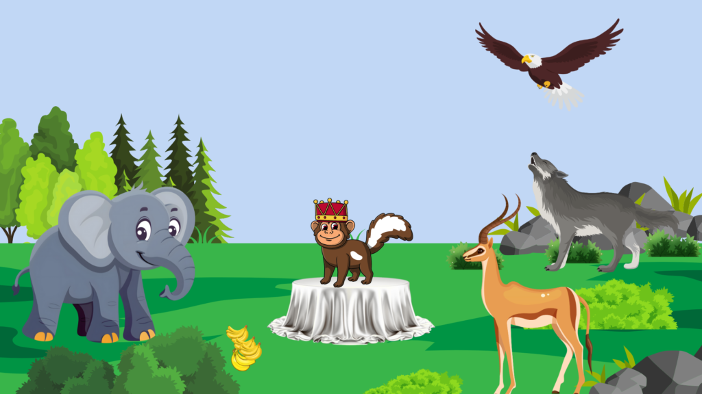 Chinki the monkey waves a magic stick while animals watch in amazement as she shows her magical trick.