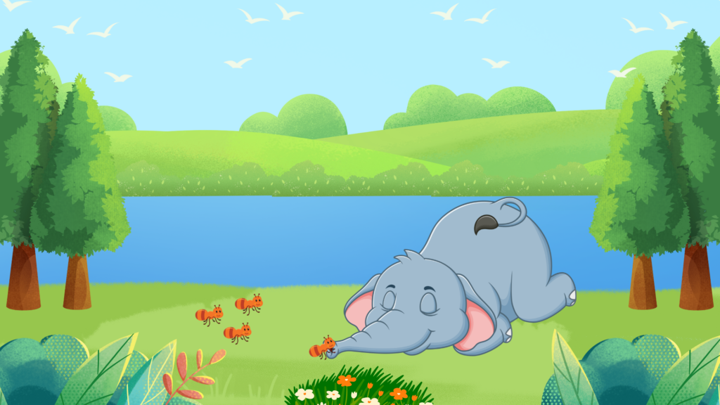 The elephant collapses in pain as a tiny ant torments him from inside, leaving his great strength helpless.