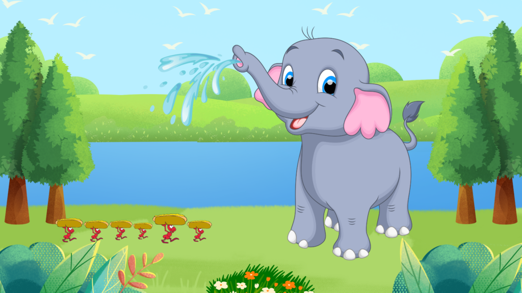 A proud elephant sprays water on hardworking ants, scattering them and spoiling their collected food.