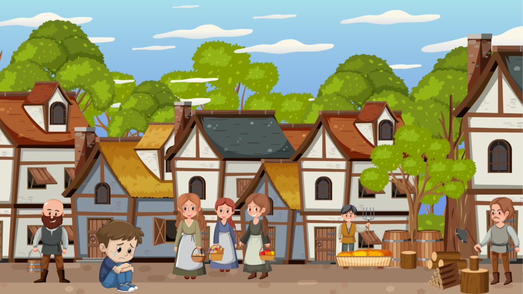 A sorrowful boy sits among the scattered sheep after the wolf’s attack.