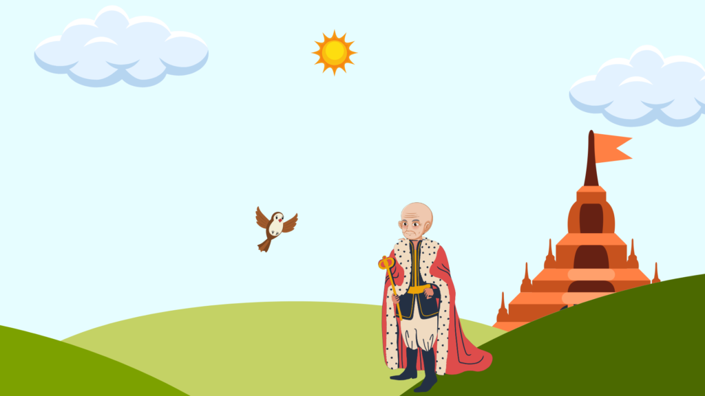 The sparrow tricks the king into shaving his family’s heads out of superstition.