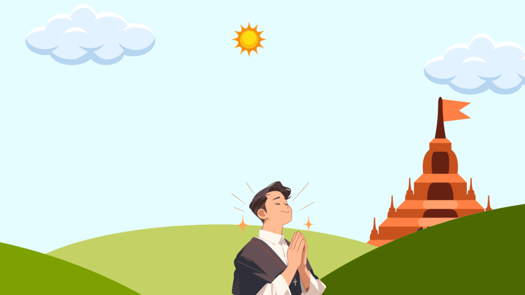 The king bows before God in the temple, praying sincerely while a sparrow watches him from a distance.