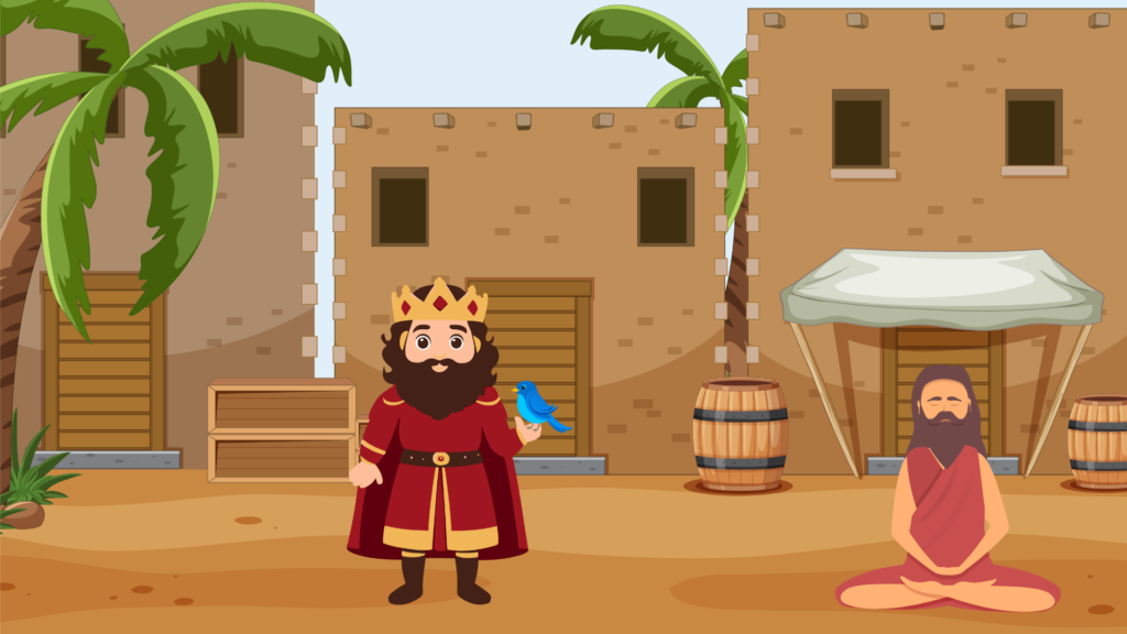 The sage gives the king a magical bird for his kingdom’s prosperity.