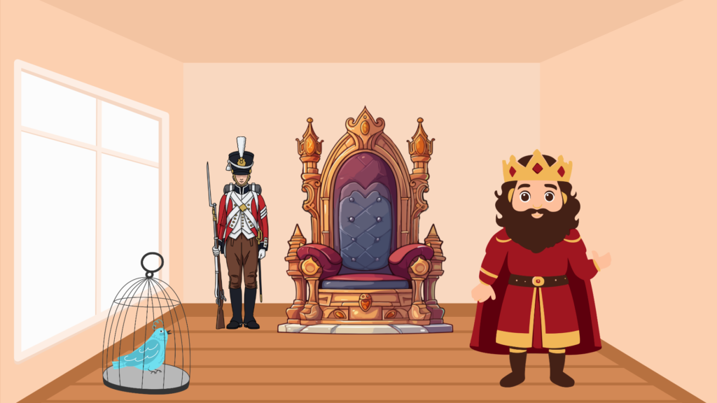 The magical bird sits sadly in a golden cage, silent and weak.