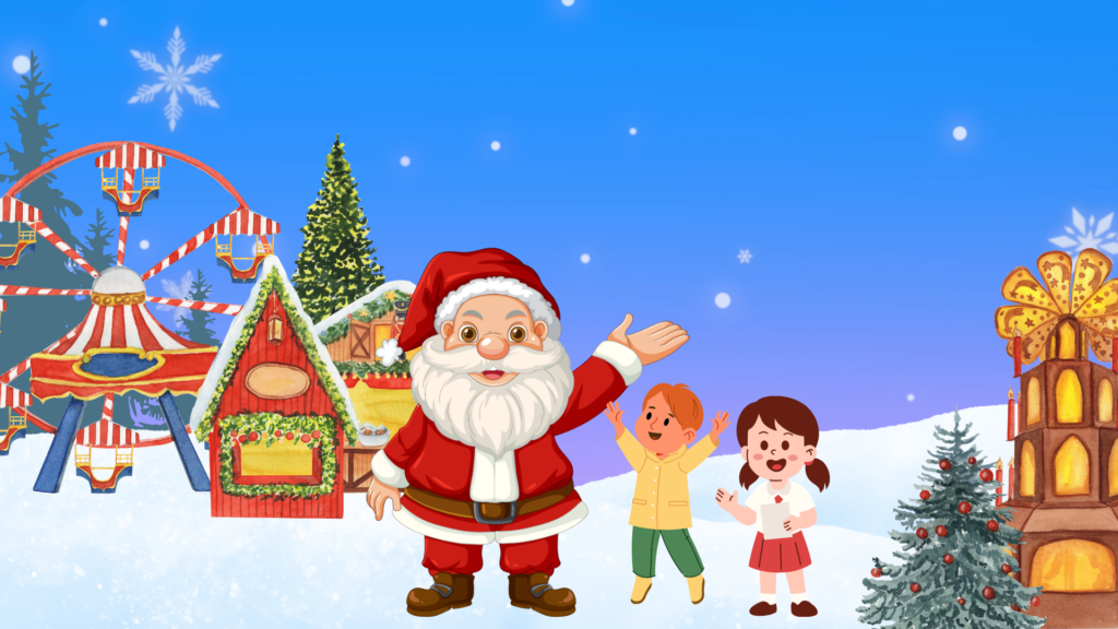 Santa reads a magical bedtime story to two sleepy children before vanishing in a swirl of shimmering snow.