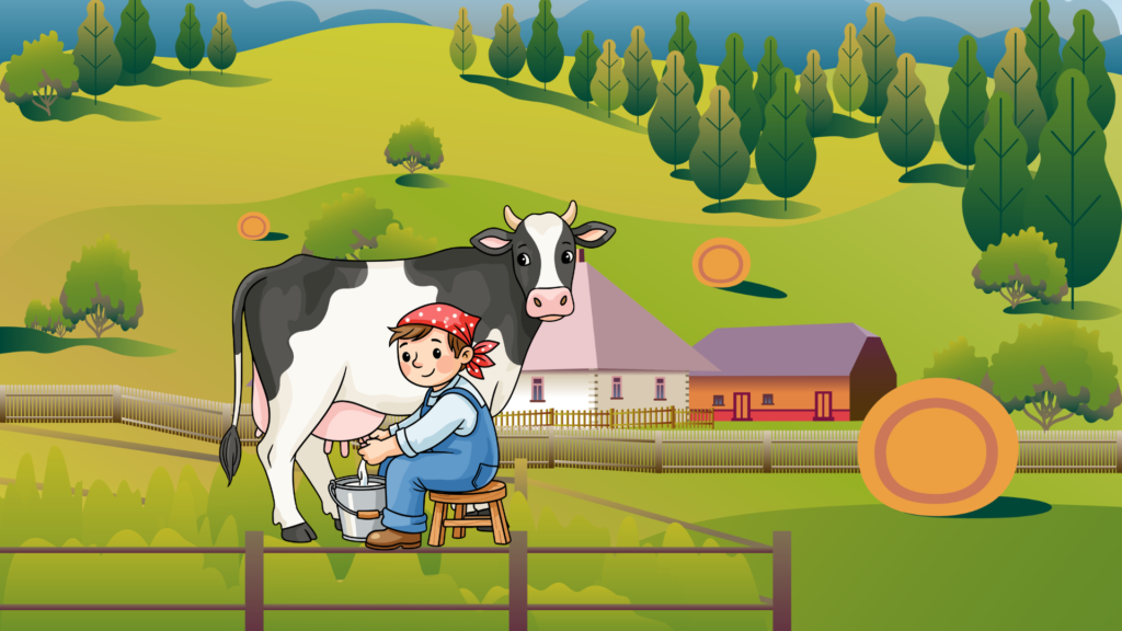 The black cow produces more milk than the two white cows combined, earning special care and praise from the farmer and villagers.