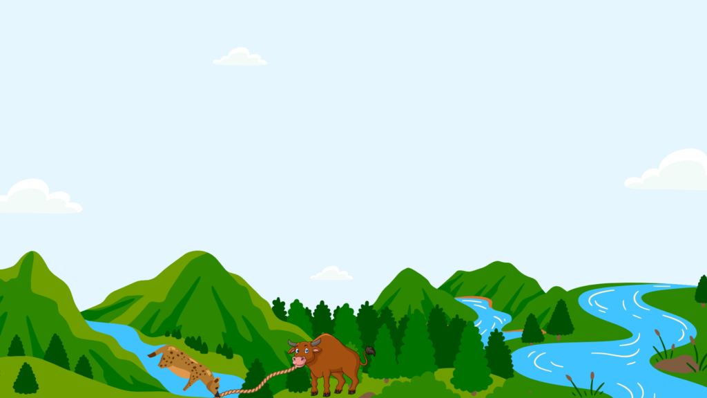 The bull pulls the striped hyena out using a vine, saving him, unaware of the hyena’s deceitful nature.