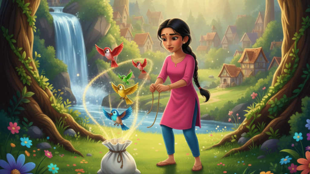 A small white pouch lies on the ground. It shakes as Priya approaches, and colorful birds fly out as she opens it.