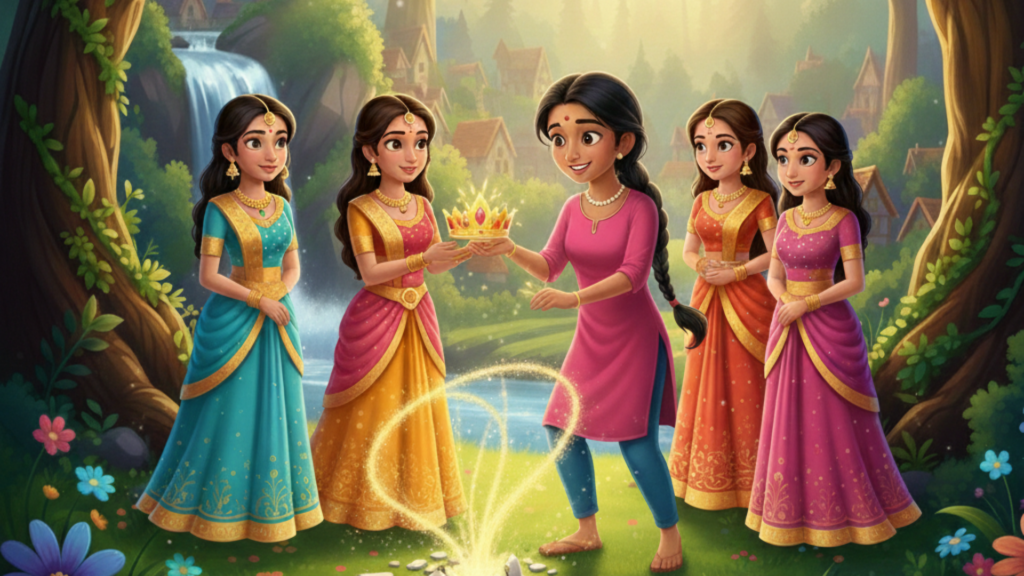 Priya shatters a clay pouch on the ground, breaking the spell and freeing four princesses who transform and offer her gifts before departing.