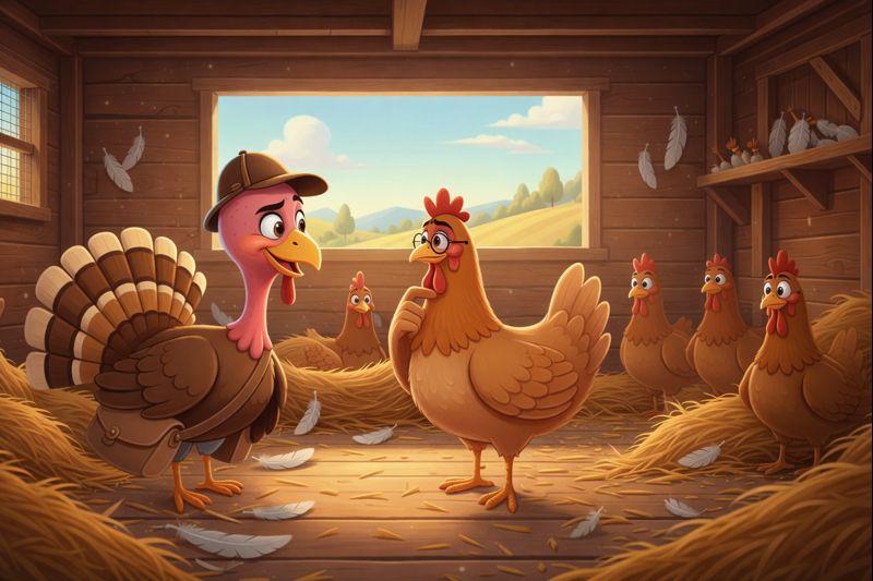 A determined turkey whispers his escape plan to a concerned hen in a sunlit chicken coop.