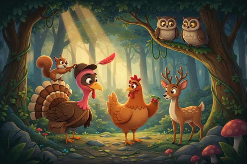A group of barnyard animals, led by a turkey, stand warily at the edge of a dark, towering forest.