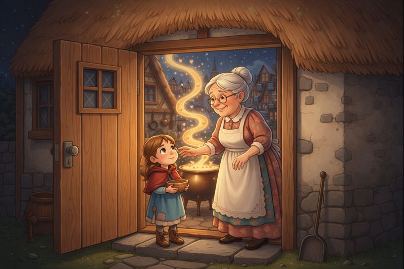 An old woman opens her cottage door to find a hopeful little girl looking up at her.