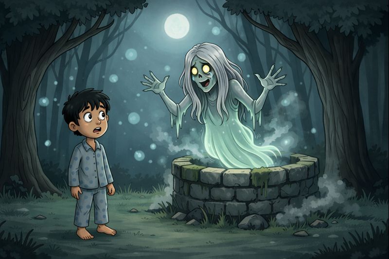 A frightened boy pauses near an old well as a pale, gentle-looking ghost emerges from it.