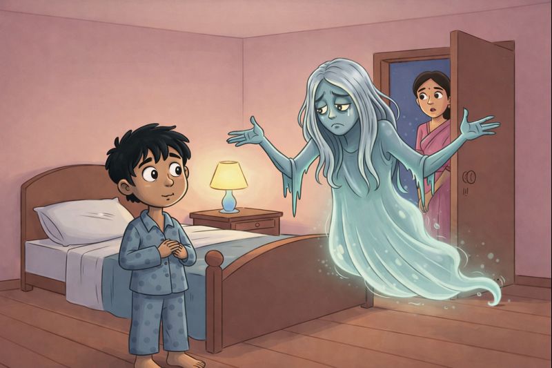 A ghost with a sad expression visiting a boy at his home, as the boy gestures apologetically.