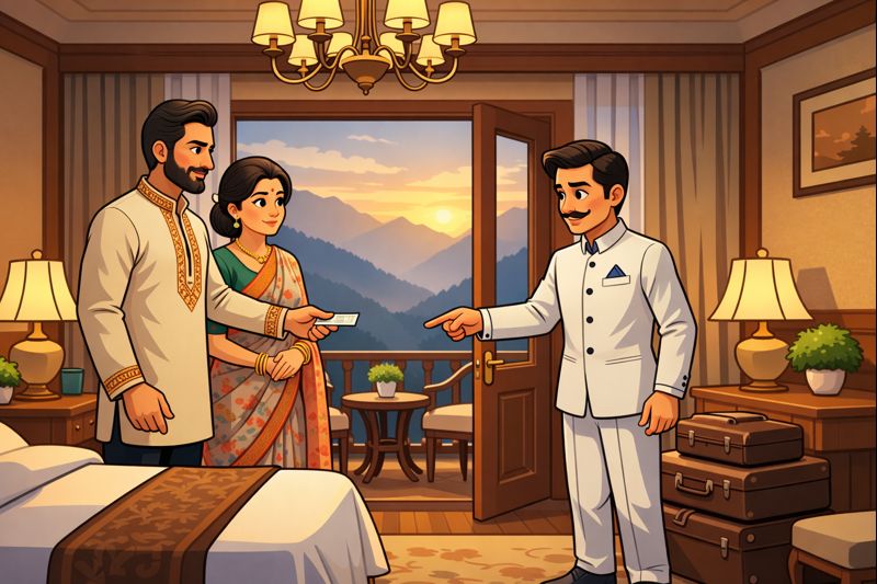 Amar recognizes his childhood friend Rakesh, now a hotel waiter, hesitating to accept a tip.