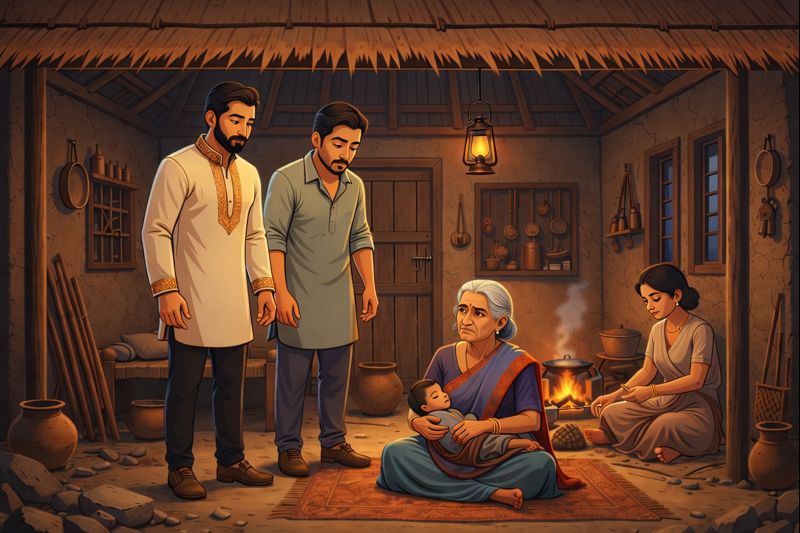 Amar stands inside the humble hut of his childhood friend Rakesh, where Rakesh's elderly mother, wife, and young child live.