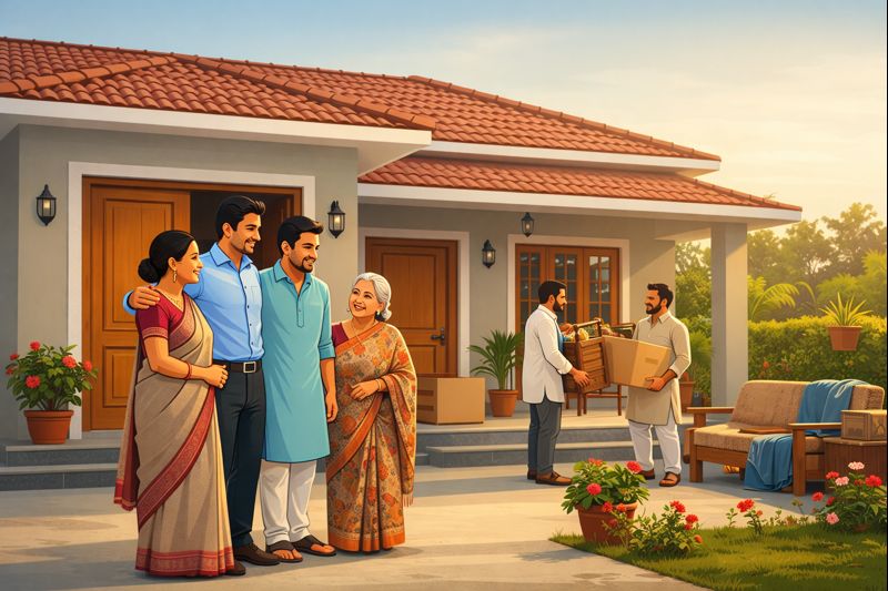 A truck being loaded with belongings as Rakesh and his family prepare to move in with Amar.