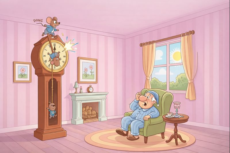 A tiny mouse descends a long, swinging clock pendulum towards safe, dark shadows.
