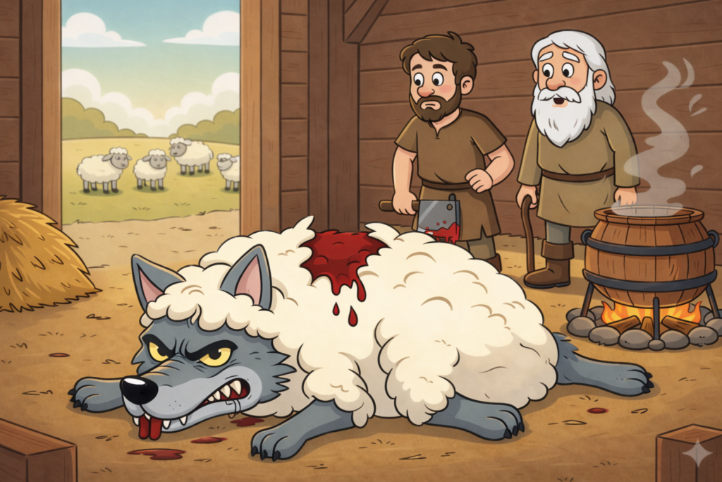 A shepherd's son selecting the largest sheep from the flock, unaware it is the wolf in disguise.
