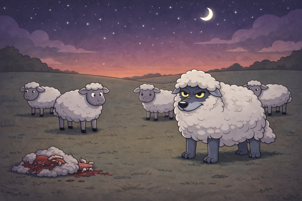 A wolf wearing a sheep's fleece as a disguise, meticulously covering itself to blend into the flock.