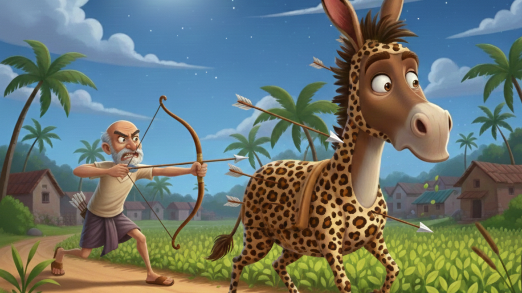 A farmer, upon hearing the donkey's bray, realizes the leopard is a disguised donkey and shoots arrows at it in anger. The donkey is gravely injured and dies.