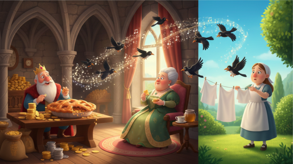 A stunning pie erupts with a fluttering, singing cloud of twenty-four blackbirds, a feast of spectacle and surprise for a rapt king.