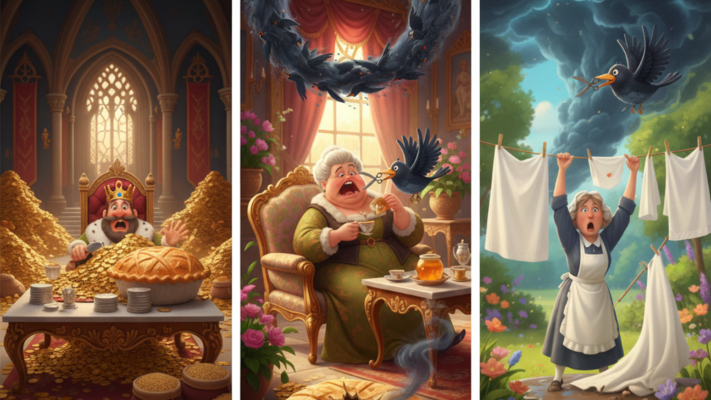 A single vengeful blackbird descends upon the startled maid in the garden, as the distant king counts gold and the queen indulges, unaware.